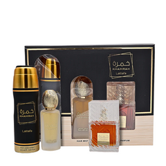 Lattafa Khamrah Gift Set Eau De Parfum 3.4FL.OZ, Body Spray 6.67FL.OZ & Hair Mist For Unisex - image 1
