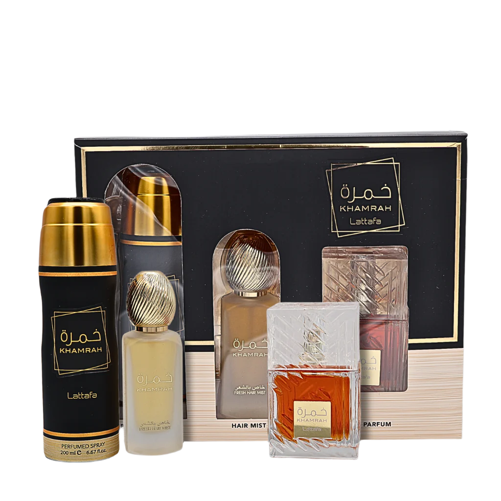 Lattafa Khamrah Gift Set Eau De Parfum 3.4FL.OZ, Body Spray 6.67FL.OZ & Hair Mist For Unisex - image 1