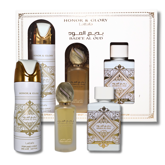 Lattafa Bade'e Al Oud 3 Piece Gift Set - Honor & Glory EDP 3.4FL.OZ, Pafummed Spray 6.67FL.OZ & Hair Mist For Unisex - image 1