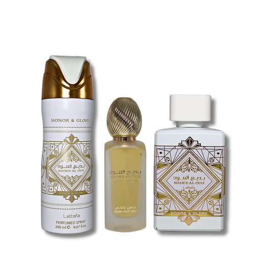 Lattafa Bade'e Al Oud 3 Piece Gift Set - Honor & Glory EDP 3.4FL.OZ, Pafummed Spray 6.67FL.OZ & Hair Mist For Unisex - image 2